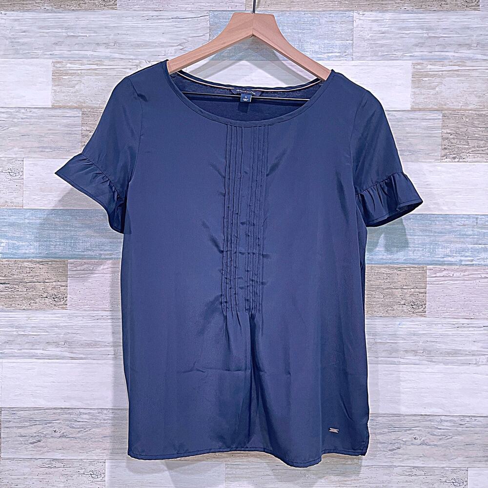 TOMMY HILFIGER Flutter Sleeve Mixed Media Top Navy Blue Pleated Womens Medium